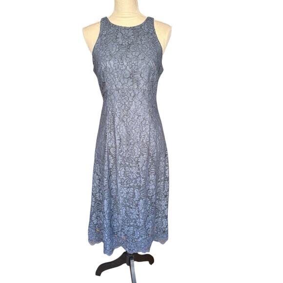 WHBM Blue Grey Sleeveless Lace Halter Fit and Flare Midi Dress - 6 - Picture 2 of 11